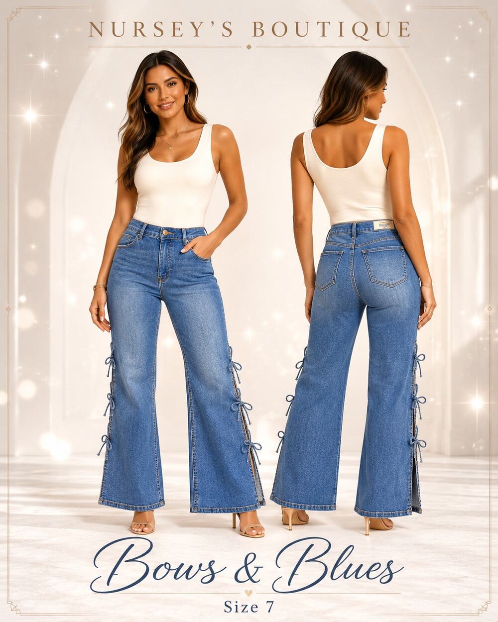Bows & Blues Size 7 Side Tie Flare Jeans Stretch Denim Y2K Bow Lace Up
